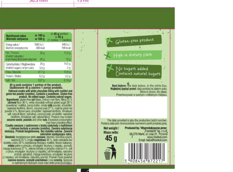 Frank&Oli Matcha Cookie - biała czekolada, bez cukru (45g)