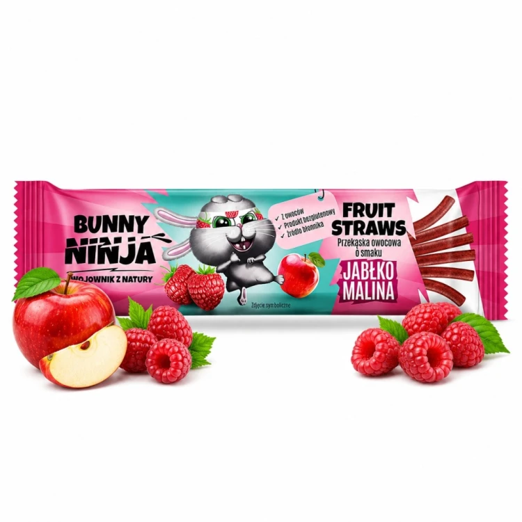 Bunny Ninja Fruit Straws - jabłko, malina, bez cukru (16g)