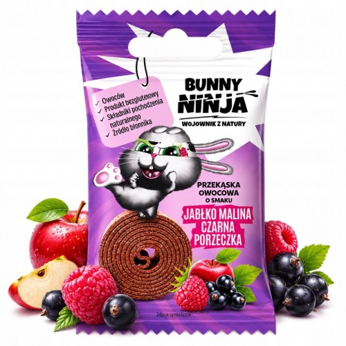 Bunny Ninja Fruit Rolls - jabłko, malina, czarna porzeczka, bez cukru (15g)