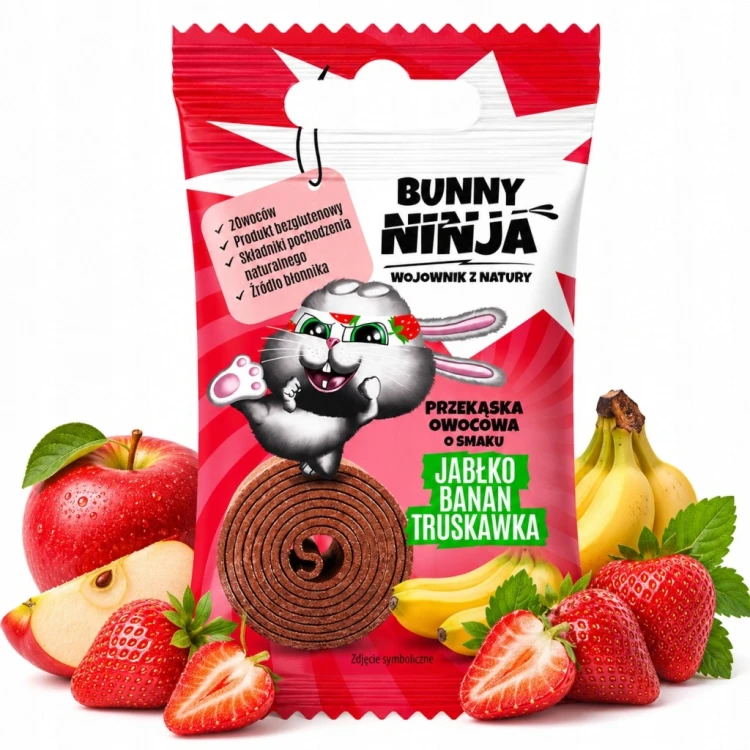Bunny Ninja Fruit Rolls - jabłko, banan, truskawka, bez cukru (15g)