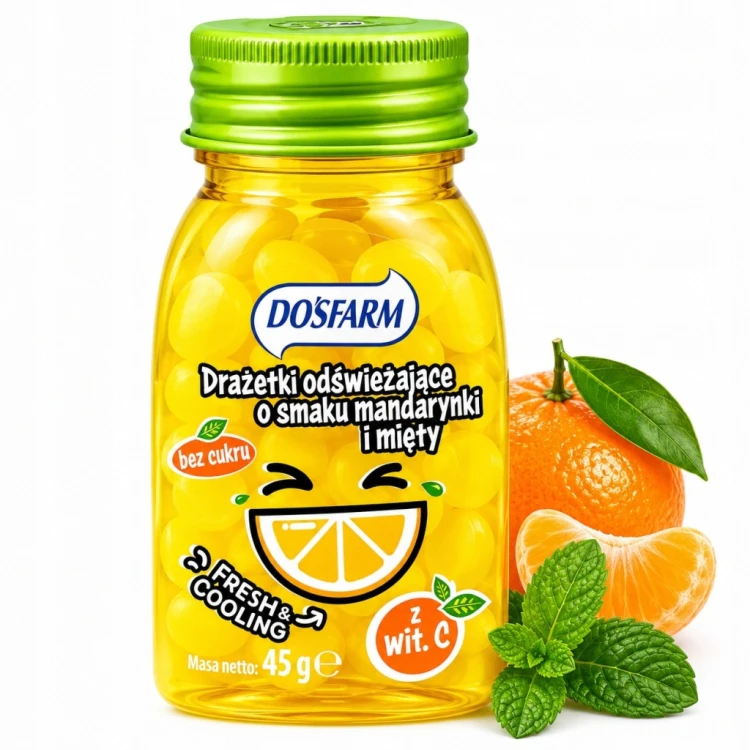 Dosfarm Drażetki Mandarynka Mięta - cukierki odświeżające, bez cukru (45g)