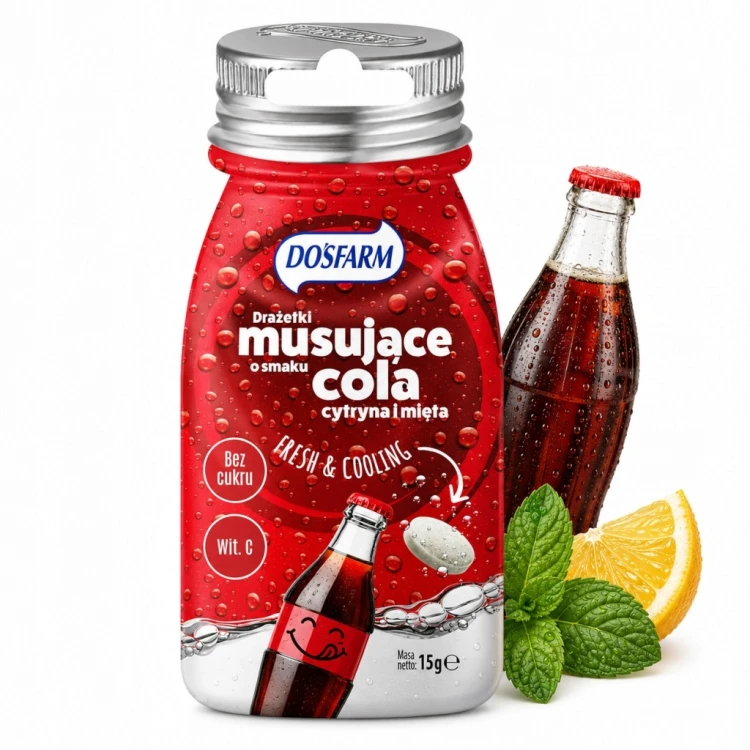Dosfarm Drażetki Cola Cytryna Mięta - cukierki odświeżające, bez cukru, 15g