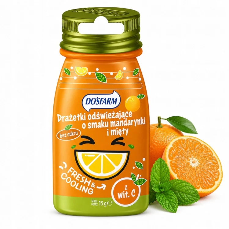Dosfarm Drażetki Mandarynka Mięta - cukierki odświeżające, bez cukru (15g)