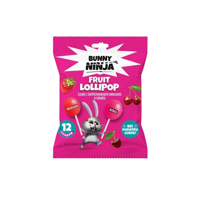 Bunny Ninja LOLLI POP - lizaki truskawka i wiśnia, bez cukru (12 szt.)