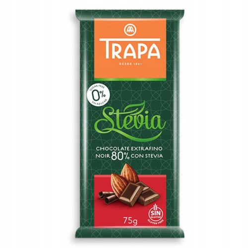 Trapa Czekolada Gorzka 80% kakao- bez cukru, ze stewią, 75g (Hiszpania)