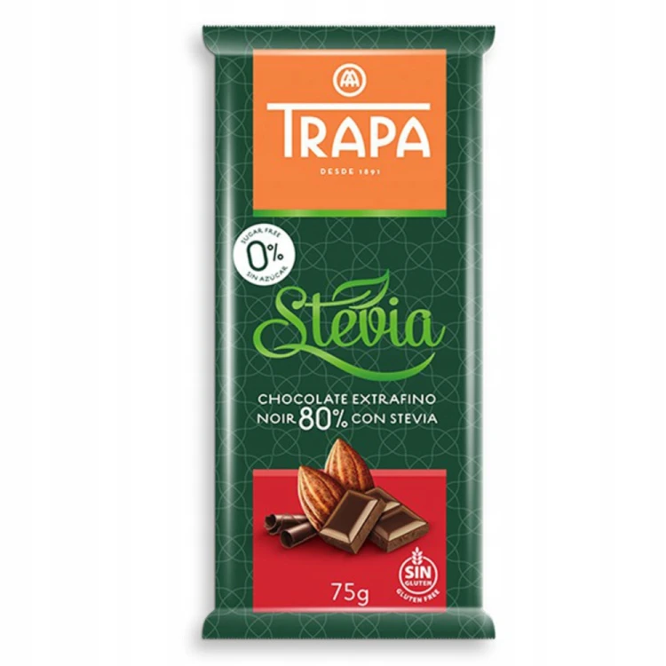Trapa Czekolada Gorzka 80% kakao- bez cukru, ze stewią, 75g (Hiszpania)