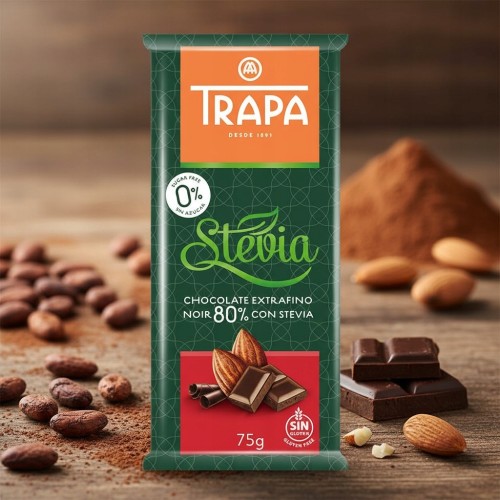 Trapa Czekolada Gorzka 80% kakao- bez cukru, ze stewią, 75g (Hiszpania)