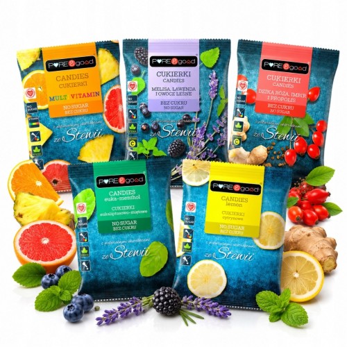 Pure&Good Cukierki MIX Smaków - landrynki bez cukru, ze stewią (50g)