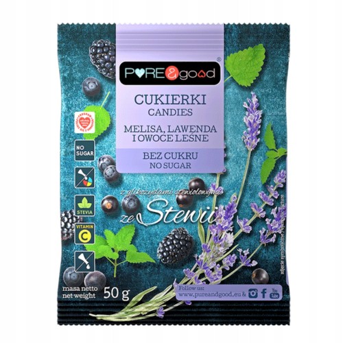 Pure&Good Cukierki Melisa, Lawenda, Owoce Leśne - landrynki bez cukru (50g)
