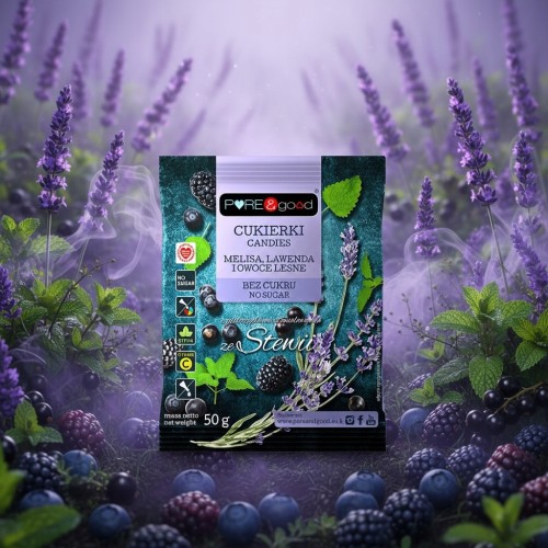 Pure&Good Cukierki Melisa, Lawenda, Owoce Leśne - landrynki bez cukru (50g)
