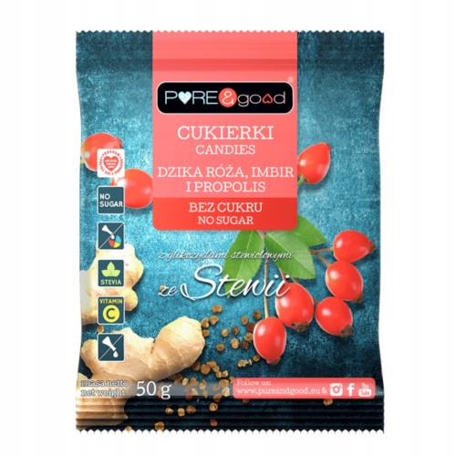Pure&Good Cukierki Dzika Róża i Propolis - bez cukru, z witaminą C (50g)