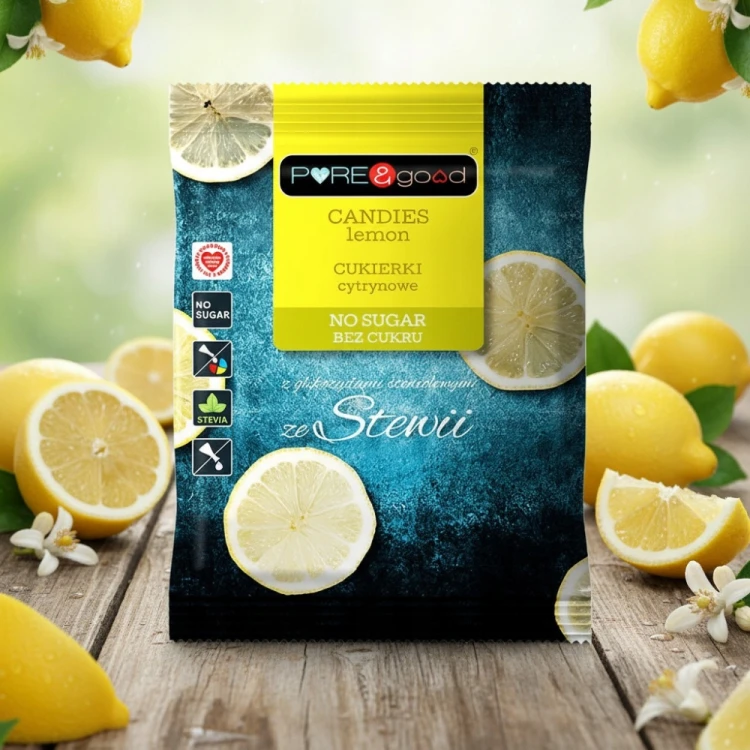 Pure&Good Cukierki Cytrynowe - bez cukru, landrynki ze stewią (50g)