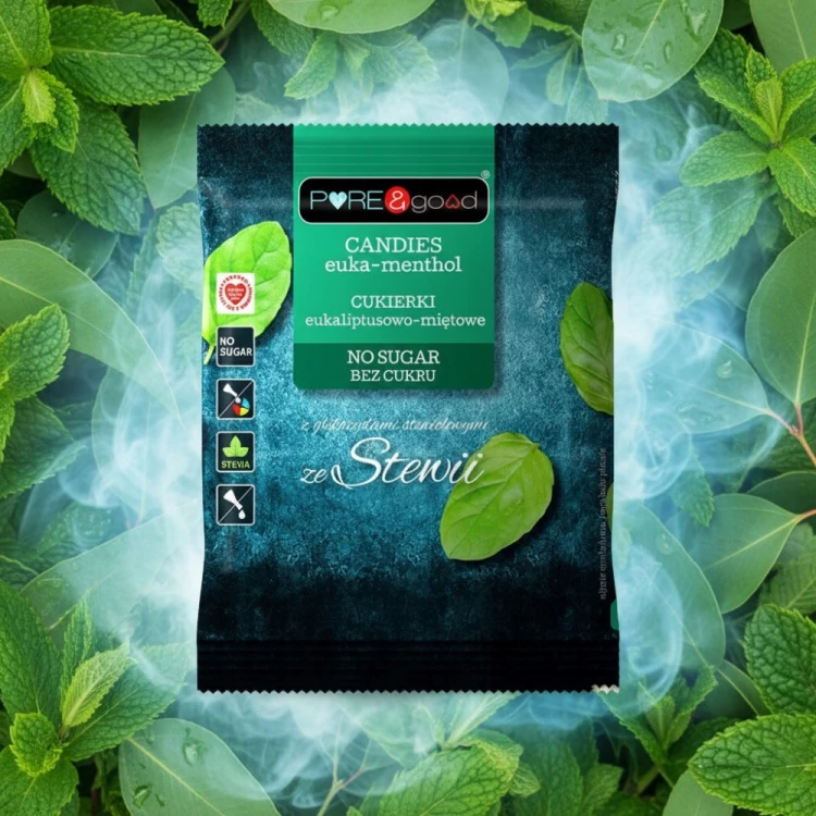 Pure&Good Cukierki Mięta Eukaliptus - bez cukru, landrynki ze stewią (50g)