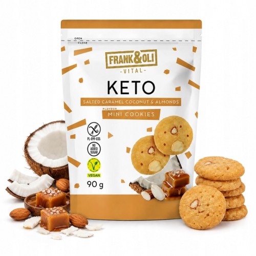 Frank&Oli Słony Karmel, Kokos, Migdały - Mini ciastka Keto, bez cukru (90g)