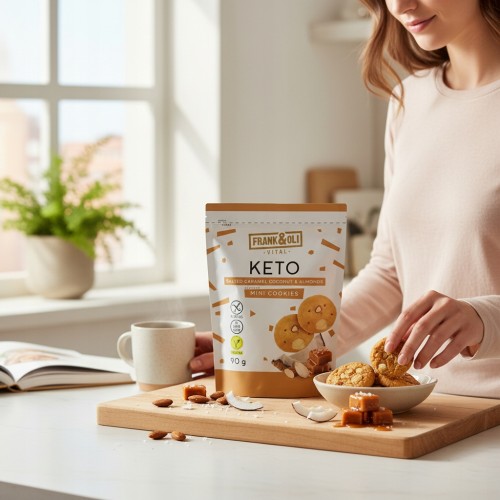Frank&Oli Słony Karmel, Kokos, Migdały - Mini ciastka Keto, bez cukru (90g)