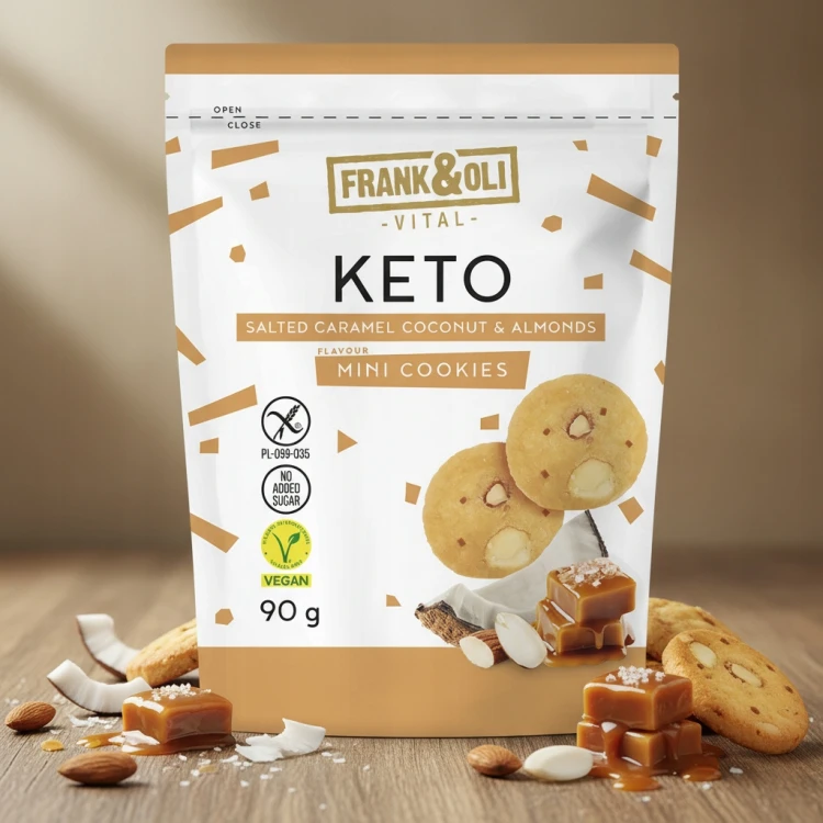 Frank&Oli Słony Karmel, Kokos, Migdały - Mini ciastka Keto, bez cukru (90g)