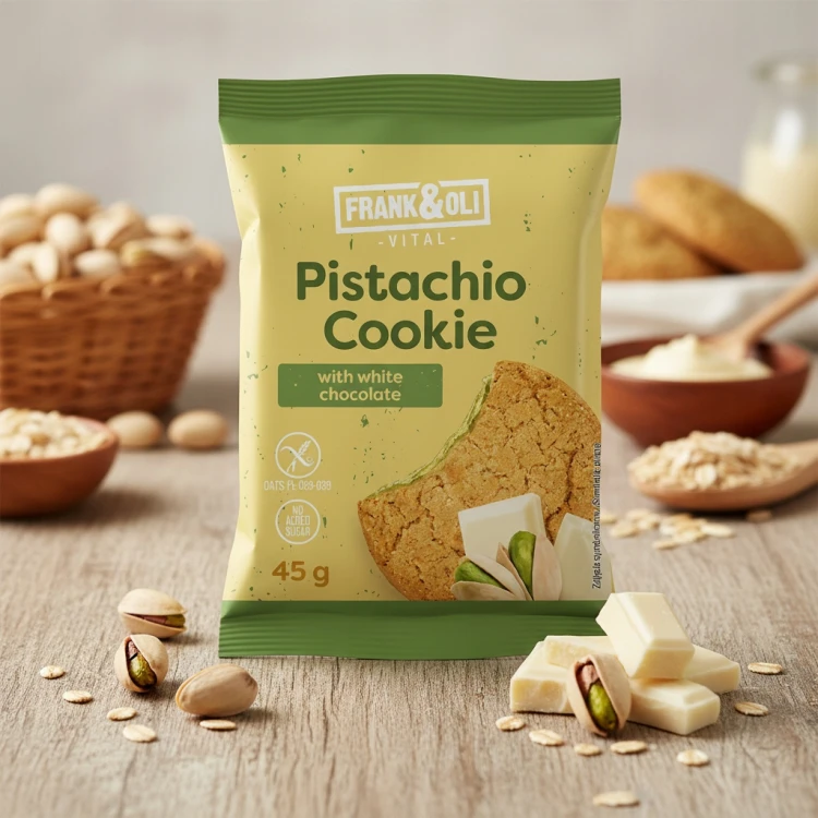 Frank&Oli Pistacja, Biała Czekolada - ciastko bezglutenowe, bez cukru (45g)