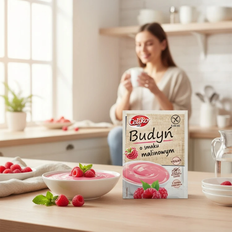 Budyń malinowy bez cukru bezglutenowy wegański Celiko 40g celiakia vegan