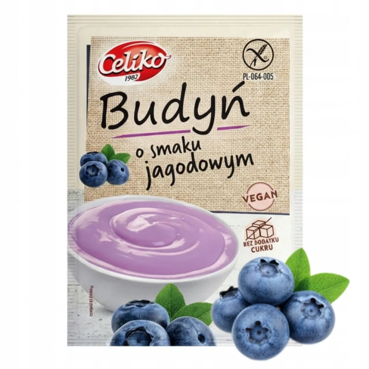 Budyń jagodowy bez cukru bezglutenowy wegański Celiko 40g celiakia vegan