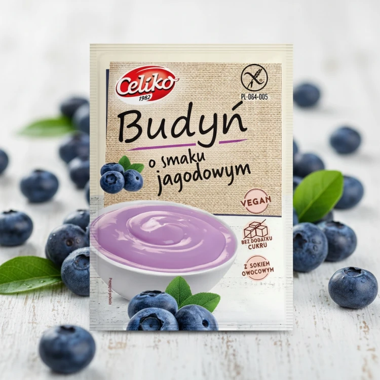 Budyń jagodowy bez cukru bezglutenowy wegański Celiko 40g celiakia vegan