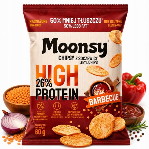 Moonsy Chipsy Proteinowe z Soczewicy BBQ Barbecue 60g High Protein 26% Fit