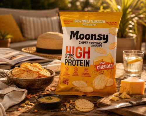 Moonsy Chipsy Proteinowe z Soczewicy Serowe Cheddar 60g High Protein 27%