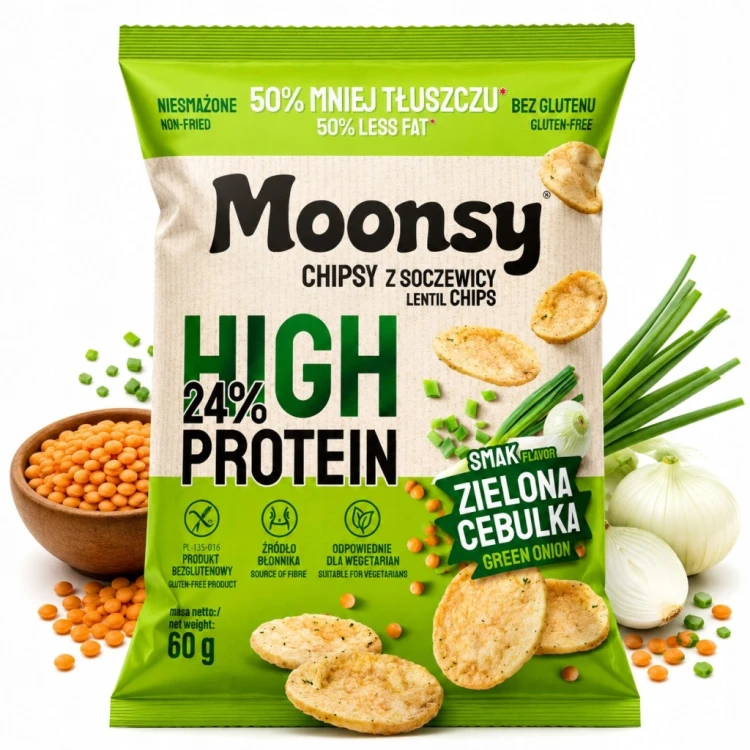 Moonsy Chipsy Proteinowe z Soczewicy Zielona Cebulka 60g High Protein 24%