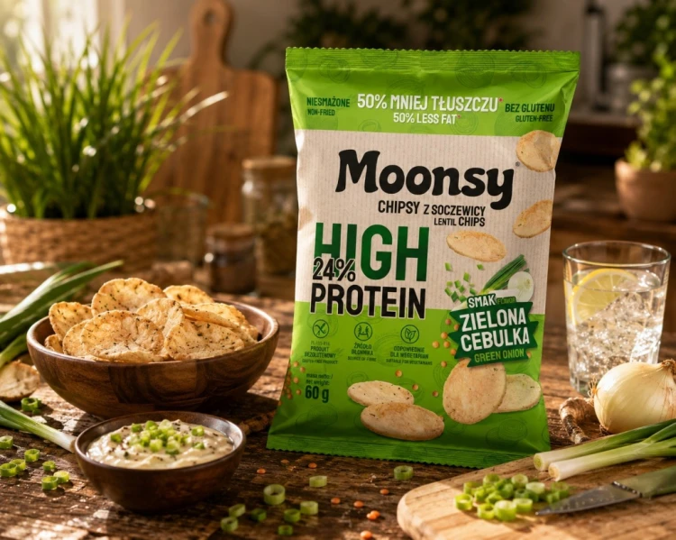 Moonsy Chipsy Proteinowe z Soczewicy Zielona Cebulka 60g High Protein 24%