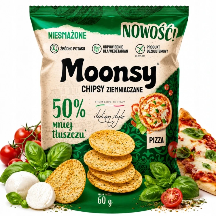 Moonsy Chipsy Ziemniaczane Pizza 60g Niesmażone Bezglutenowe Mniej Tłuszczu