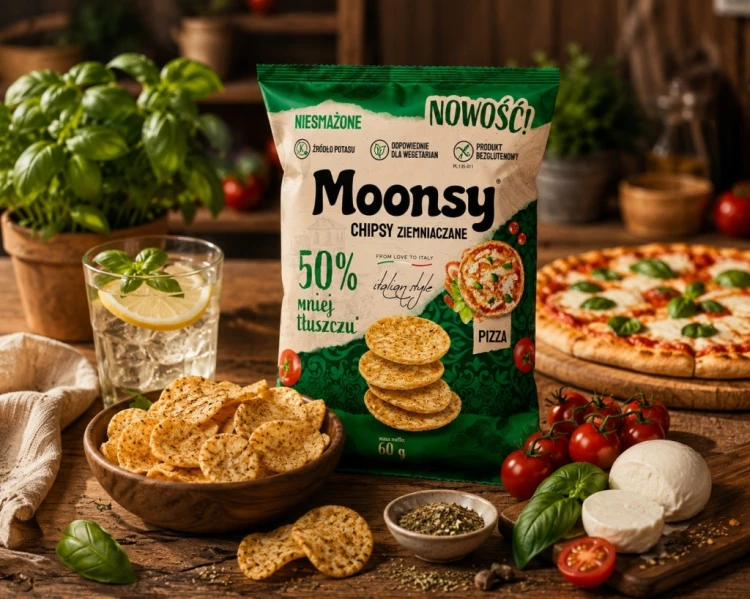 Moonsy Chipsy Ziemniaczane Pizza 60g Niesmażone Bezglutenowe Mniej Tłuszczu