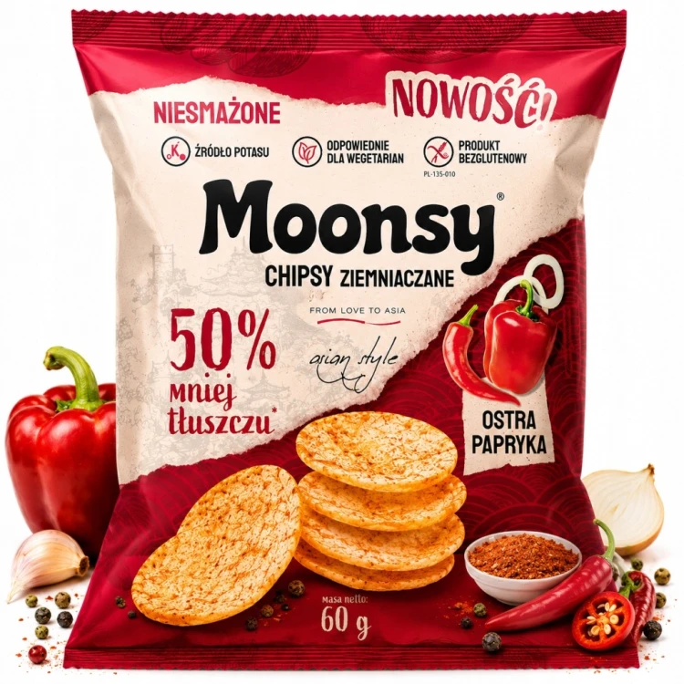 Moonsy Chipsy Ziemniaczane Ostra Papryka 60g Niesmażone Bezglutenowe Fit