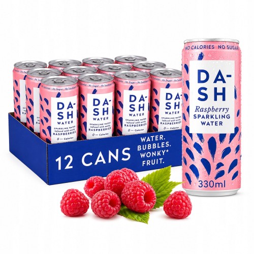 DASH Water Malina 12 x 330ml - bez cukru, woda gazozana, puszka (UK)