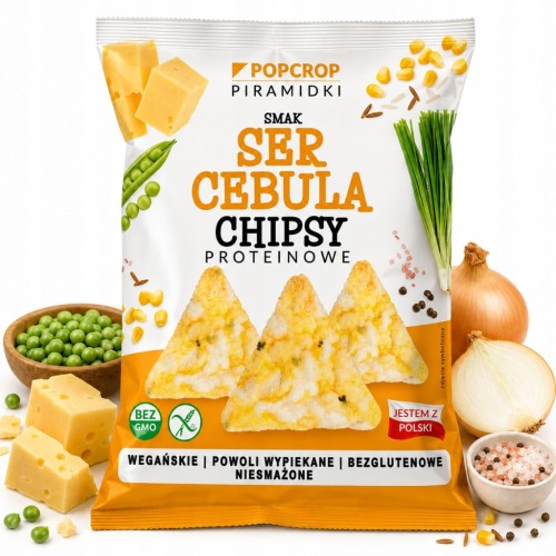 Chipsy Chrupki Proteinowe PopCrop Ser Cebula Vegan Bezglutenowe 60g
