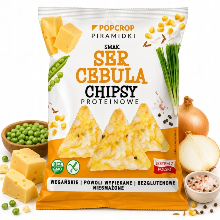 Chipsy Chrupki Proteinowe PopCrop Ser Cebula Vegan Bezglutenowe 60g