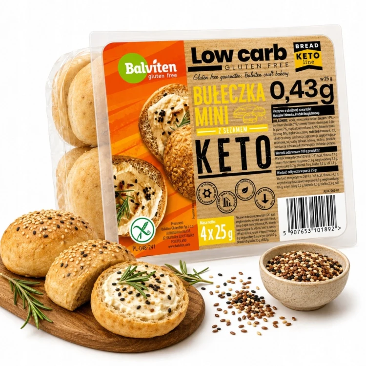 Balviten Bułeczki Mini z Sezamem KETO Bezglutenowe Low Carb (4x25 g) 100 g