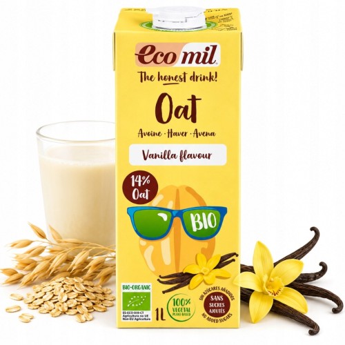 Ecomil Napój Owsiany Waniliowy BIO Roślinny Naturalny Bez Cukru 1L